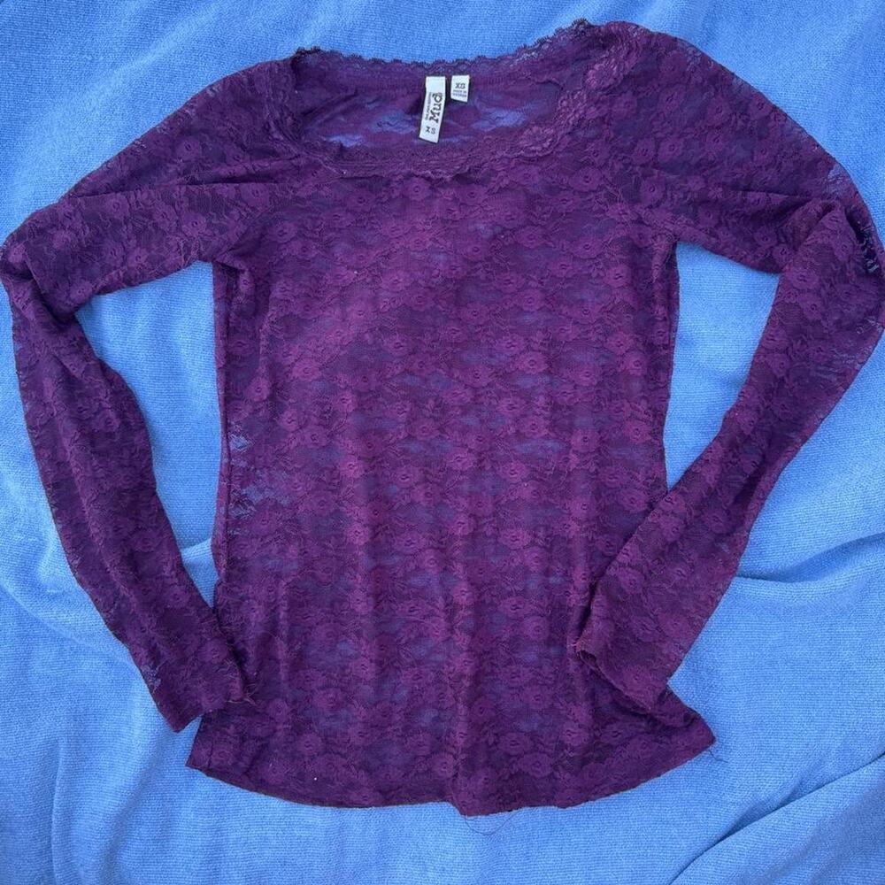 Mudd sheer purple floral lace long sleeve top Y2K fashion